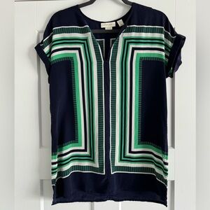 Cynthia Rowley Silk Striped Blouse — Green + Navy